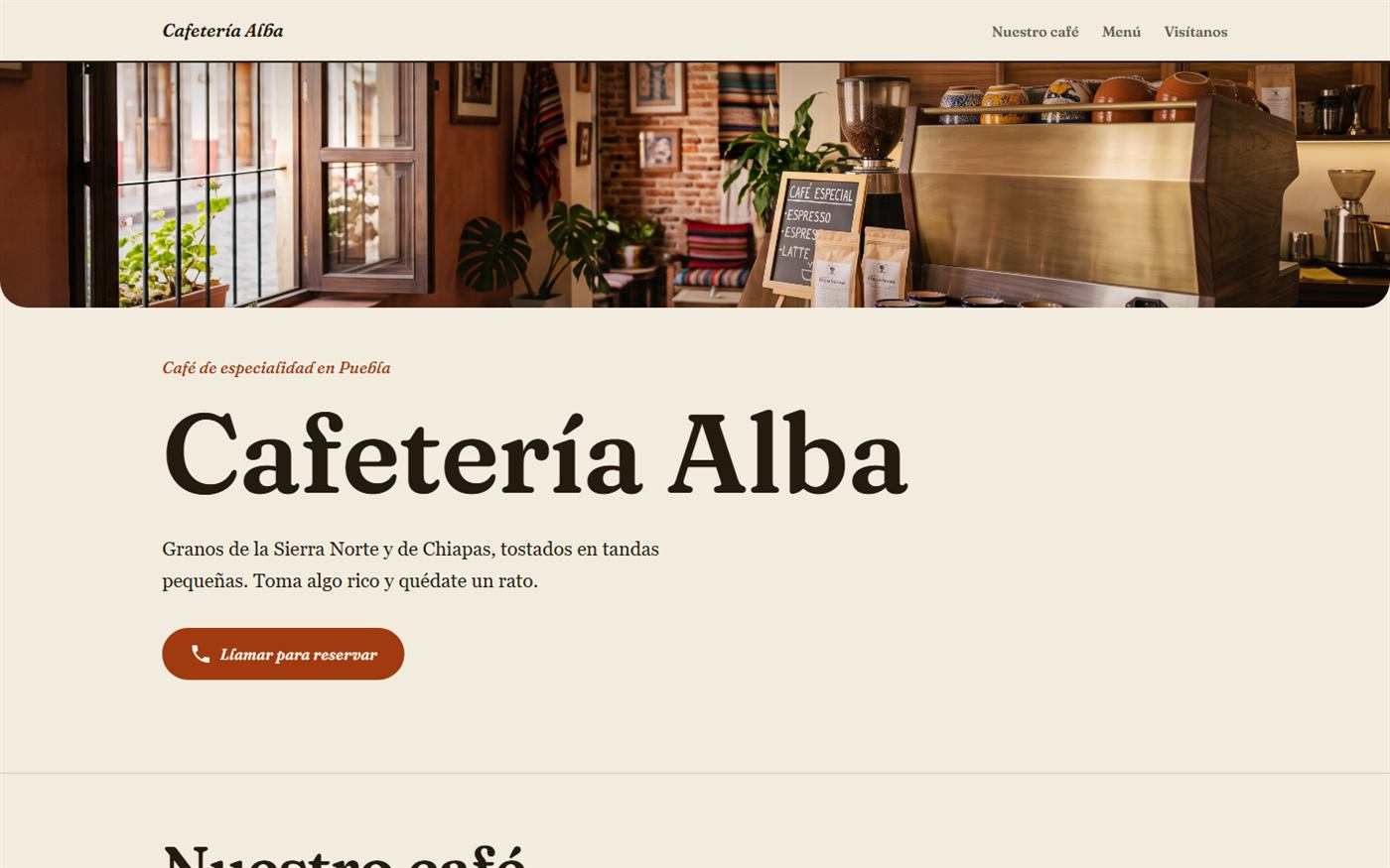 Sitio de la Cafetería Alba: portada rústica con su menú de café de especialidad