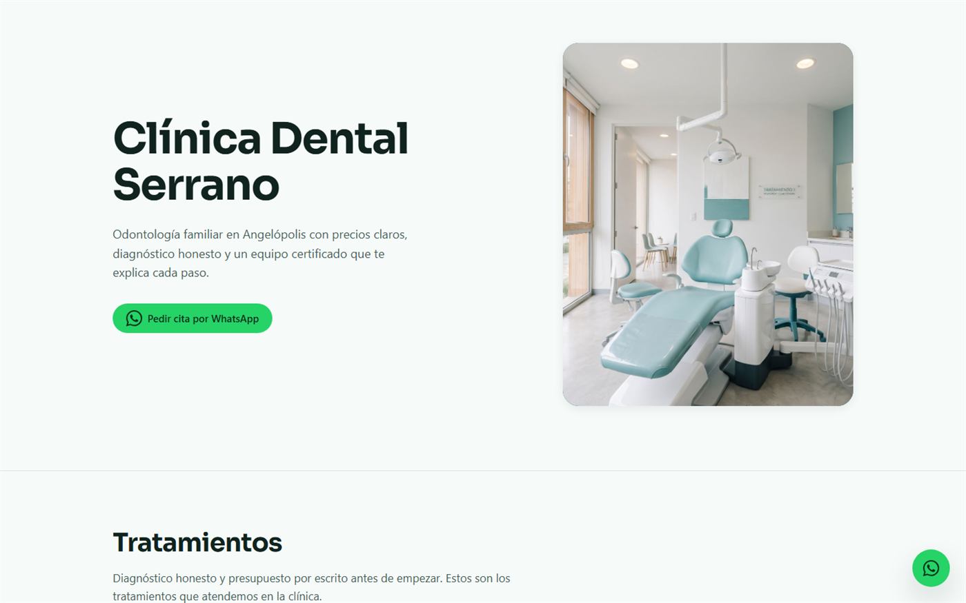Sitio de la Clínica Dental Serrano: portada clara con tratamientos y contacto por WhatsApp